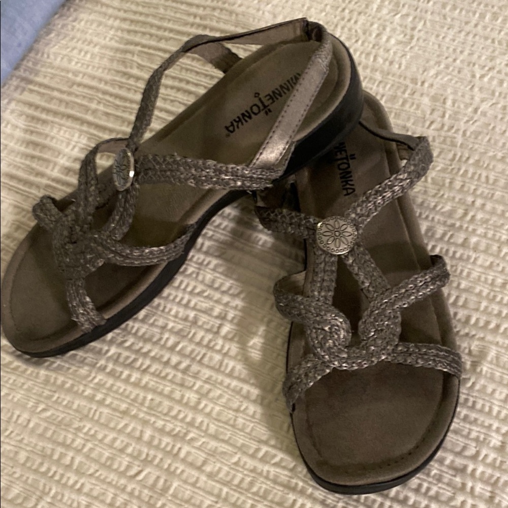 Minnetonka Pewter Sandals Braided Design with Silver Concho, sz 7